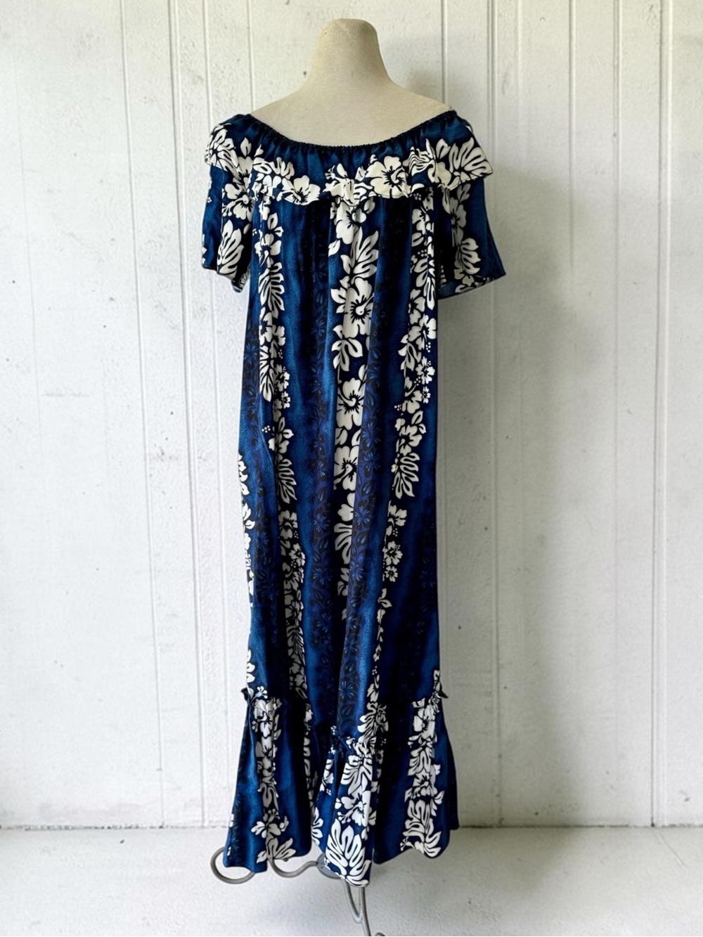 Vtg 90s Aloha Moi Hawaiian Maxi Dress Sz XL 2X Blue Floral Muumuu Luau Kaftan